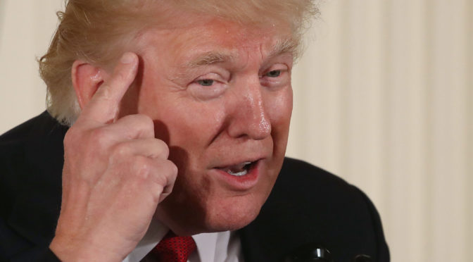 This is a picture of President Trump pointing at the side of his head. President Trump is an older white man with reddish skin and light hair.